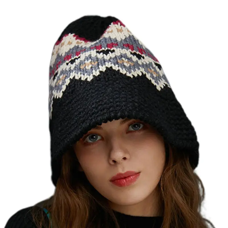 

Womens Girls Winter Crochet Knit Wide Brim Bucket Cap Ethnic Vintage Wavy Stripes Jacquard Foldable Floppy Warm Fisherman Hat