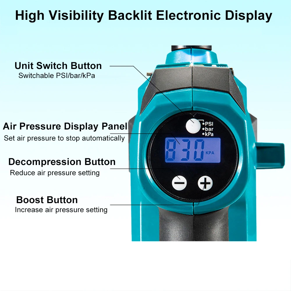 

Japan Car Tire Cordless Inflator Air Pump DMP180Z Lithium Battery Charging Car 121PSI/830KPa/8.3bar Air Pump Wireless Inflator