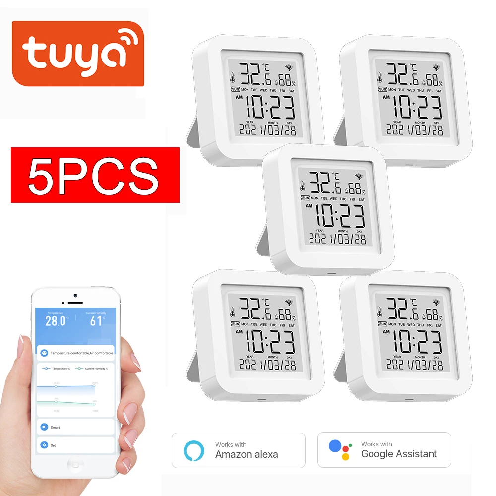 

5PC Tuya WIFI Temperature And Humidity Sensor USB powered Hygrometer Thermometer With LCD Display Support Alexa Google Assistant