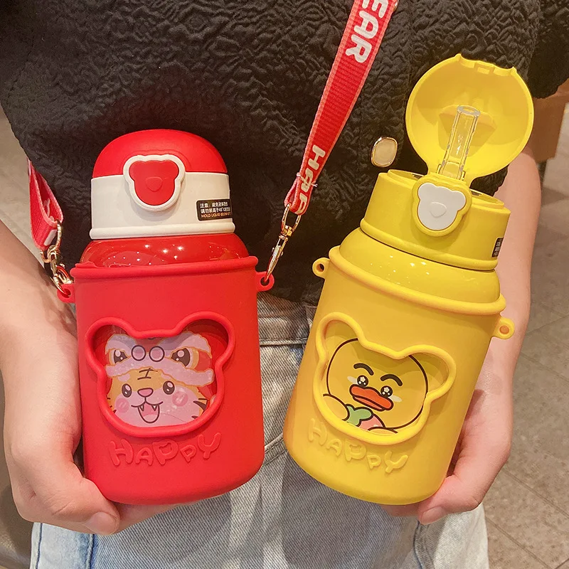 

450 ML Cute Kids Water Bottle For School Baby Thermos Portable Children Water Cup With Straw Stainless Steel Insulated Thermos
