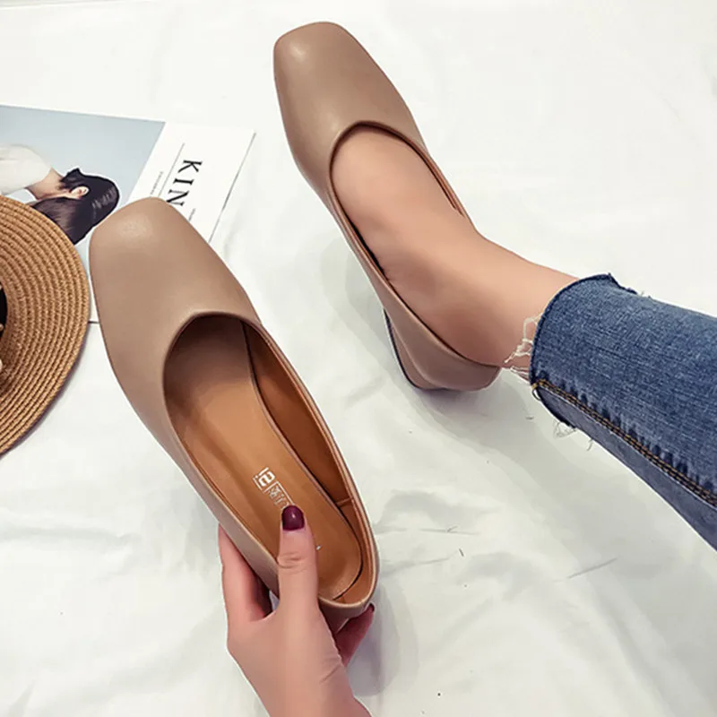 

Square Head Thick Heel Shoes Retro Grandma Shoes Soft Leather Simple Black Working Women Shoes Comfortable Low Heel Shoes