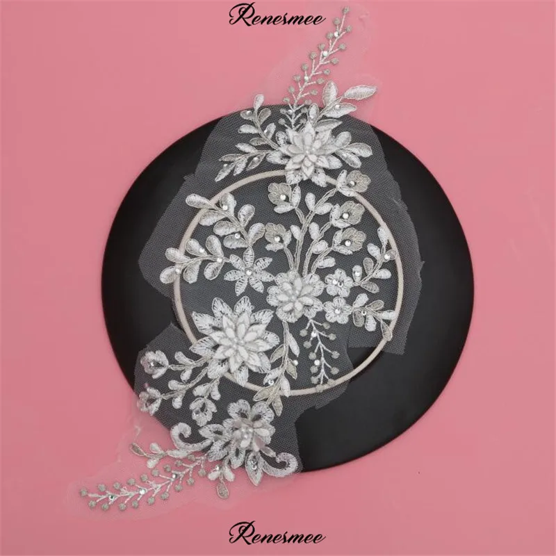 1Pc Silver Cording Ivory Beads Lace Flower Applique Bride Wedding Dress DIY Tiara Veil Accessories Patch 35X14cm SX453 | Дом и сад