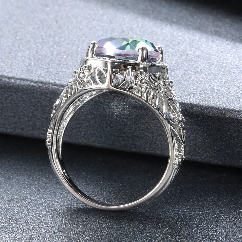 Vinregem 925 Solid Sterling Silver Mystic Rainbow Topaz Gemstone Birthstone Carved Ring Wedding Band Fine Jewelry Drop Shipping | Ювелирные
