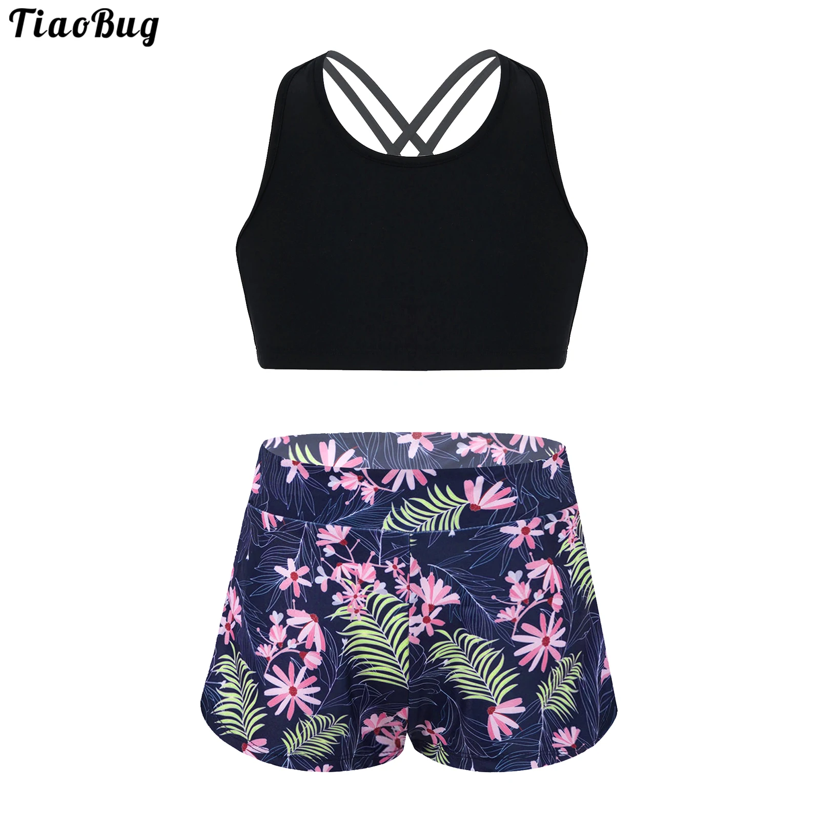 

TiaoBug Summer 2Pcs Kids Girls Sport Yoga Gym Suit U Neck Spaghetti Straps Cropped Top Flower Print Shorts Set Sportwear