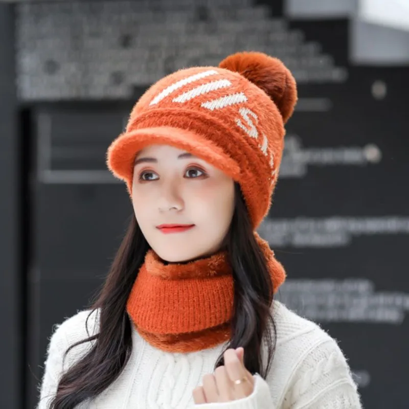 

Female Warm Beanie Hat Riding Snow Caps Winter Women Knitted Hat Scarf Set Hairball Pom Pom Fashion Wool Thickening Hat Collars