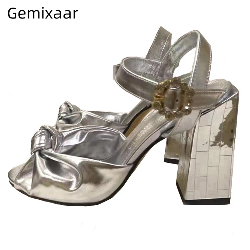 

Ankle Strap Chunky Heel High Heel Shoes Woman Gold Silver Big Bowtie Crystal Buckle Open Toe Summer 2020 Sandalias Mujer