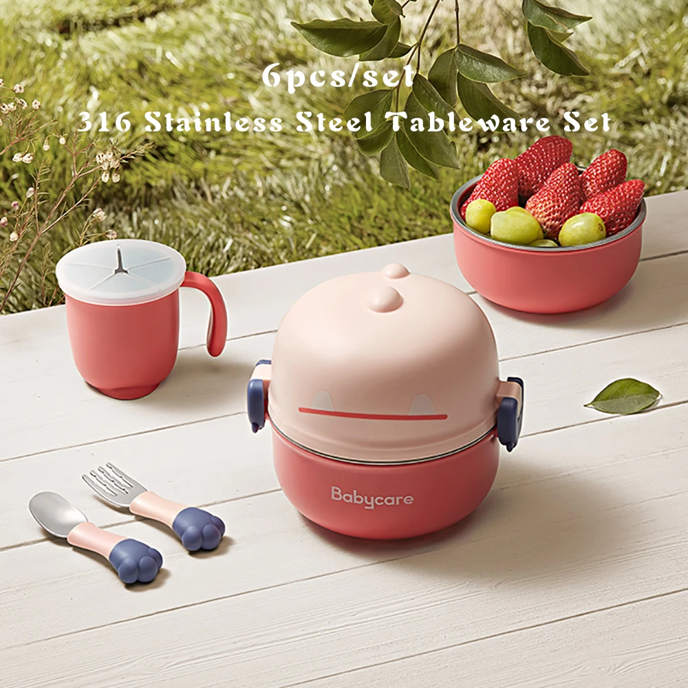 

=6pcs Baby Feeding Bowl Spoon Anti-scalding Stainless Steel Handle Tableware Set BPA Free Outdoor Silicone Dishes