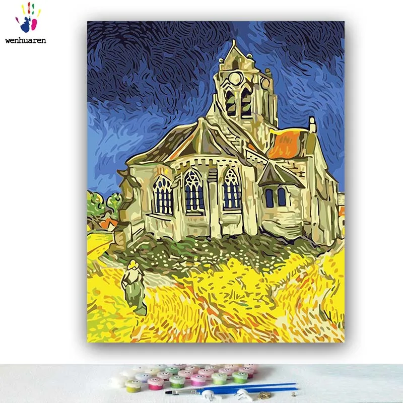 DIY картинки для раскраски по номерам с цветами церковь в овере Ван Гог картина