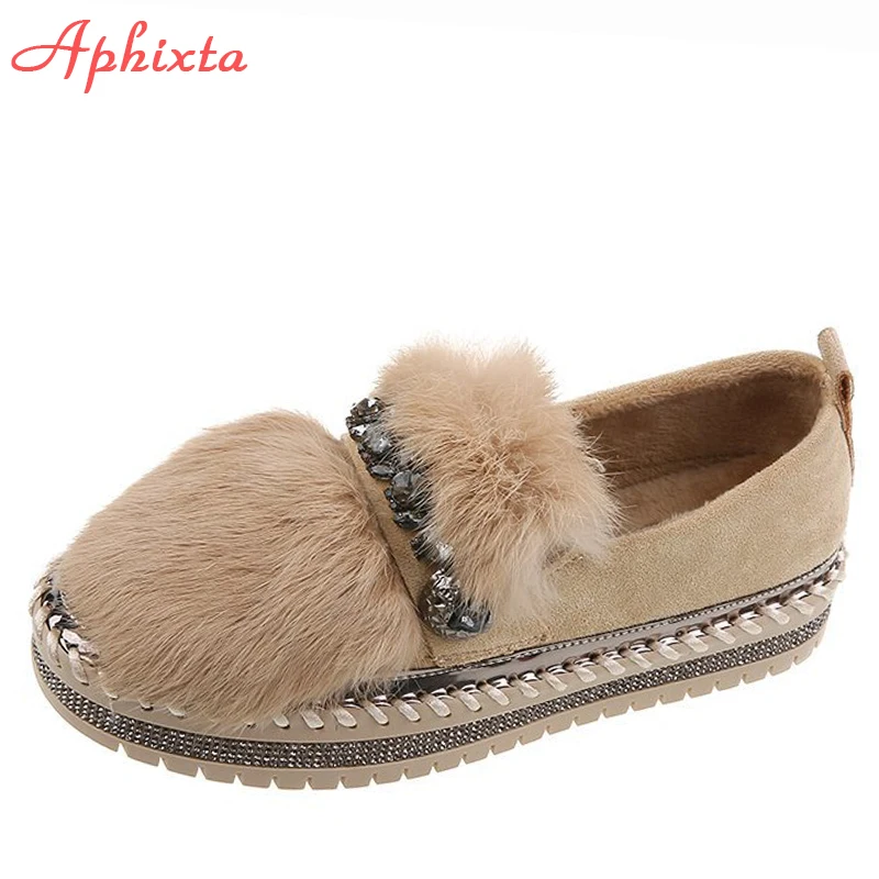 

Женские кожаные туфли на платформе Aphixta, без застежек, с натуральным мехом, с пряжкой, со стразами, зимние