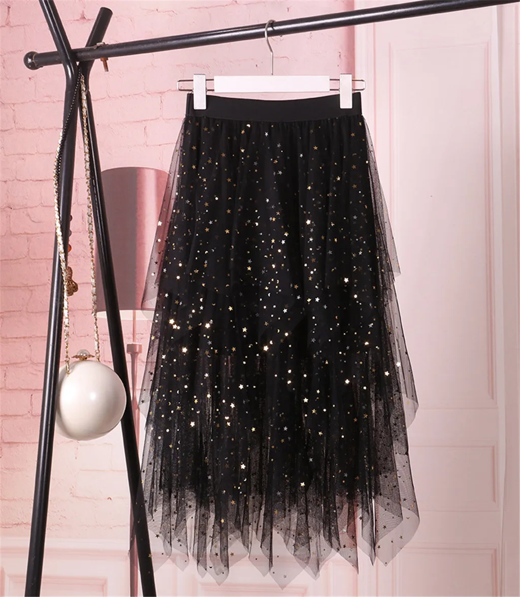 & 35 Женская длинная Тюлевая юбка с высокой талией плиссированная блестящая