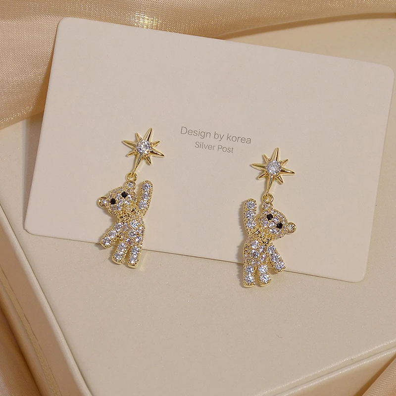 

New Arrive Full Diamond Shining Cute Bear Earring for Women Charm Bling Zircon CZ Drop Earring Jewelry Pendant Accessories