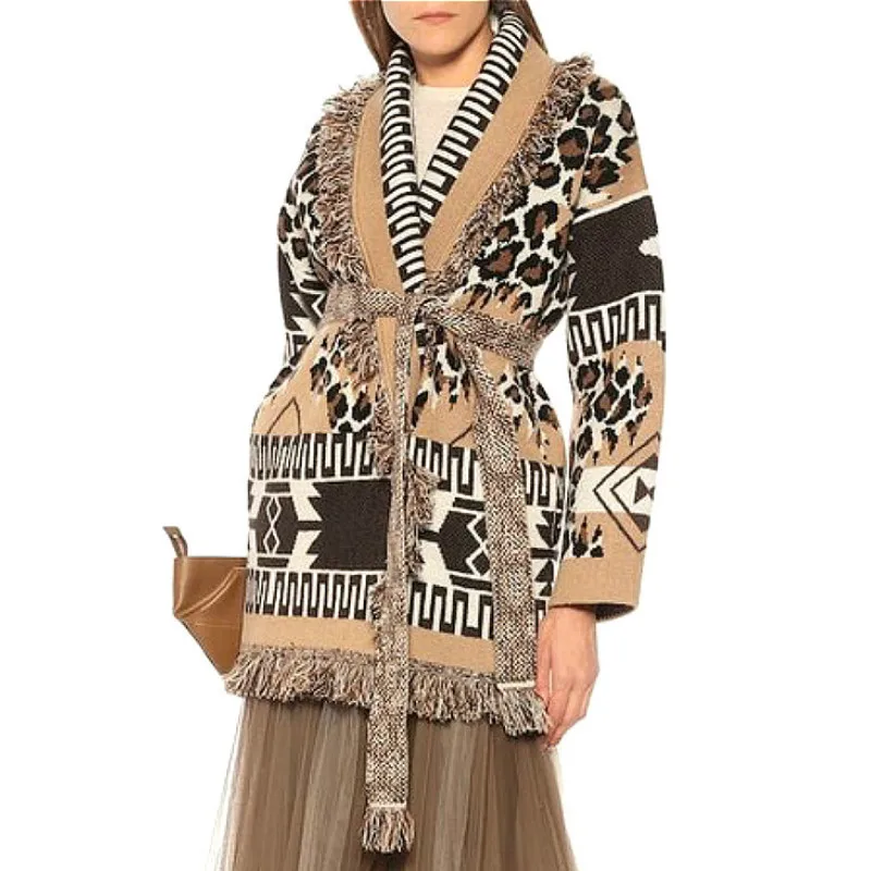 Женский кашемировый свитер с леопардовым принтом длинным рукавом и бахромой| |