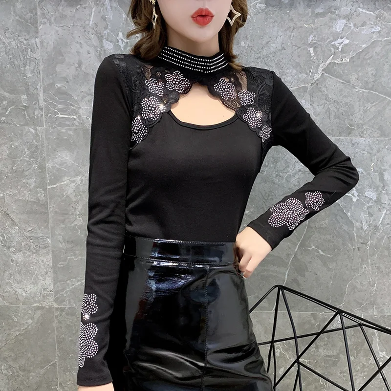 Женская футболка Стразы с цветочным принтом 2019 весенне-осенне-зимние топы