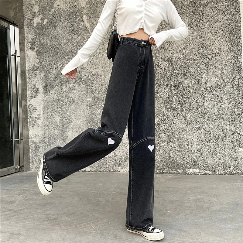 

New Spring 2021 Vintage Women Jeans Harajuku Casual Embroidered Heart Pants Female High-waisted Wide Leg Trousers Mujer