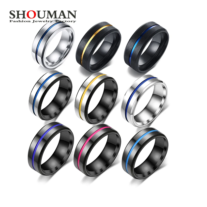 

SHOUMAN 8mm Black Wedding Bands Ring for Men Women Groove Stainless Steel Trendy Fraternal Casual Male Jewelry