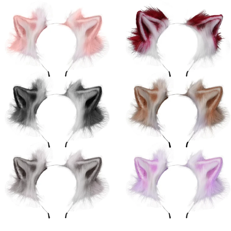 

Furry Plush Foldable Wolf Cat Ears Headband Contrast Color Simutation Animal Hair Hoop Japanese Kawaii Cosplay Headpiece
