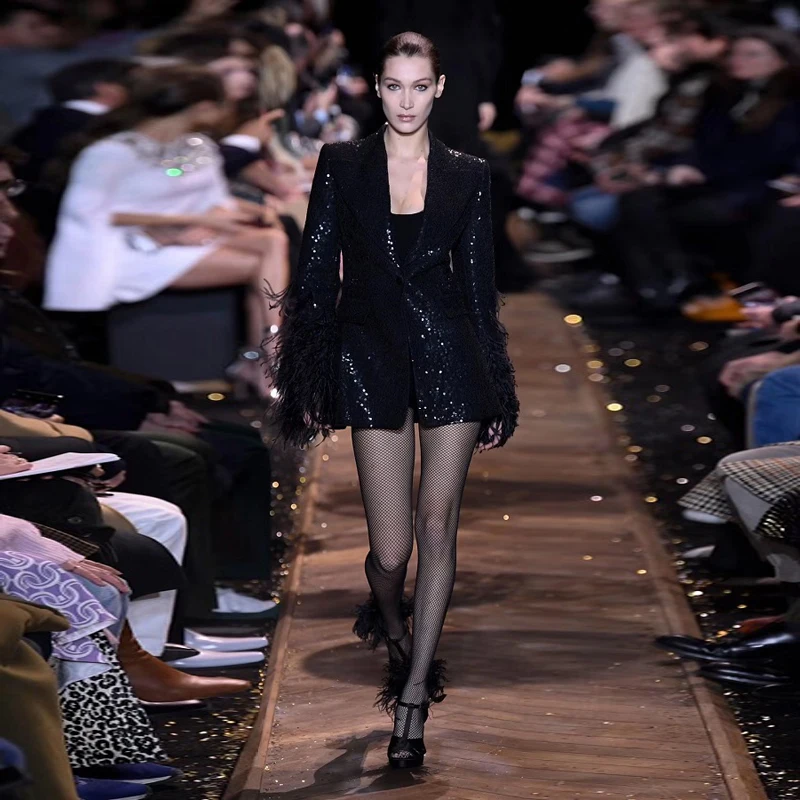 2019 новейшая мода шоу черное с длинным рукавом блестками сексуальное V образным