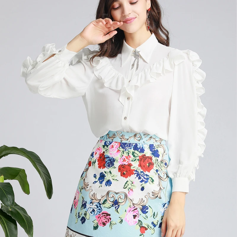 

2020 Spring Women Set Fashion Show Designer Long Sleeve Gorgeous Ruffles White Blouses + Printed Mini Skirt Lady Suits