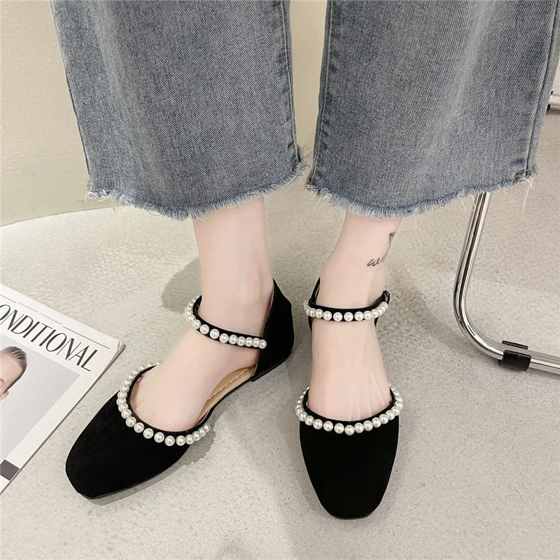 

2021 Sandals Flat Summer Shoes Woman Clear Heels Suit Female Beige New Without Girls Closed Pearl Comfort Black Fashion Retro St