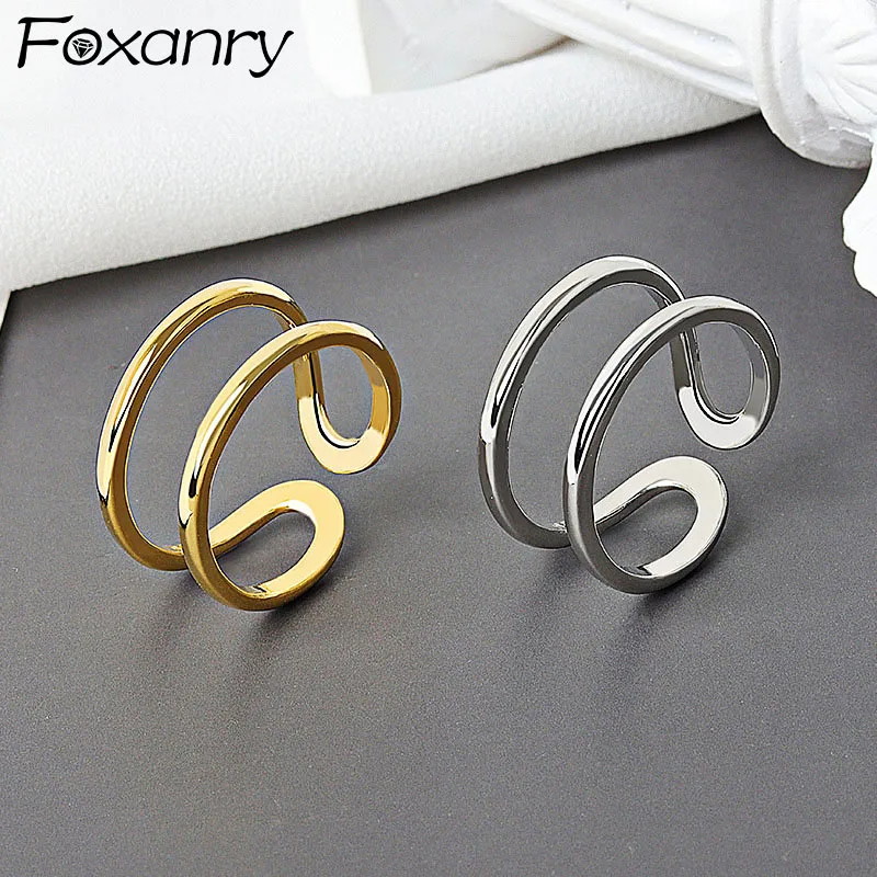 

Foxanry Minimalist Silver Color Rings New Fashion Double Layer Thin Line Geometric Birthday Party Jewelry Gifts for Women