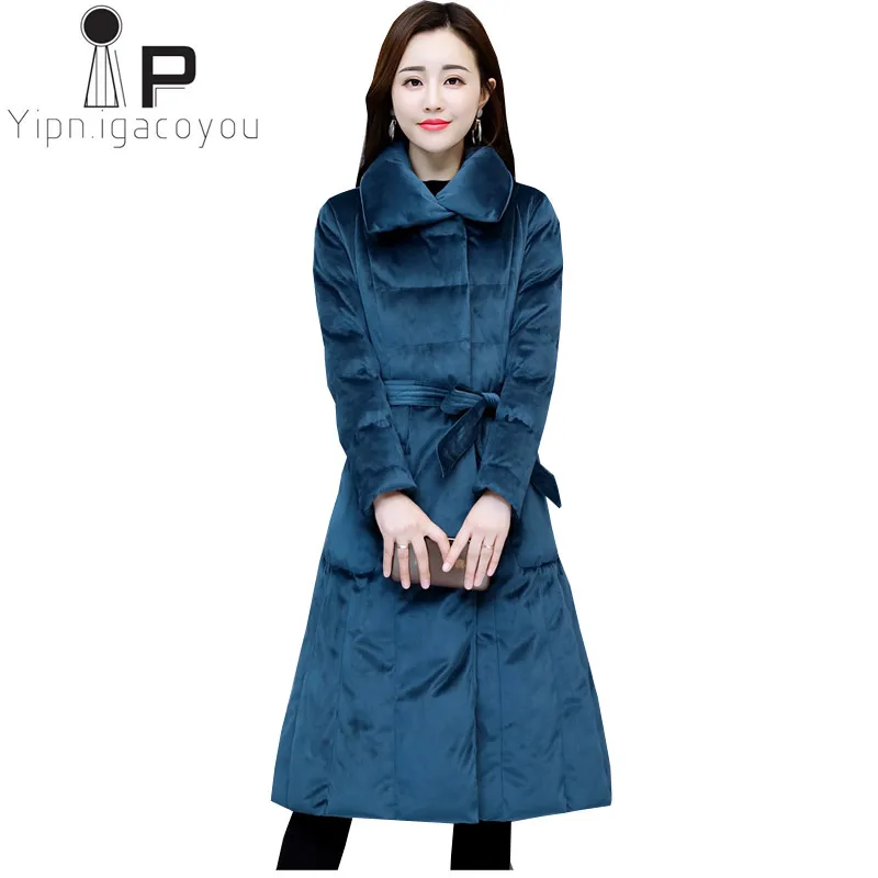 Зимняя женская куртка с поясом тонкая Длинная Золотая Вельветовая парка