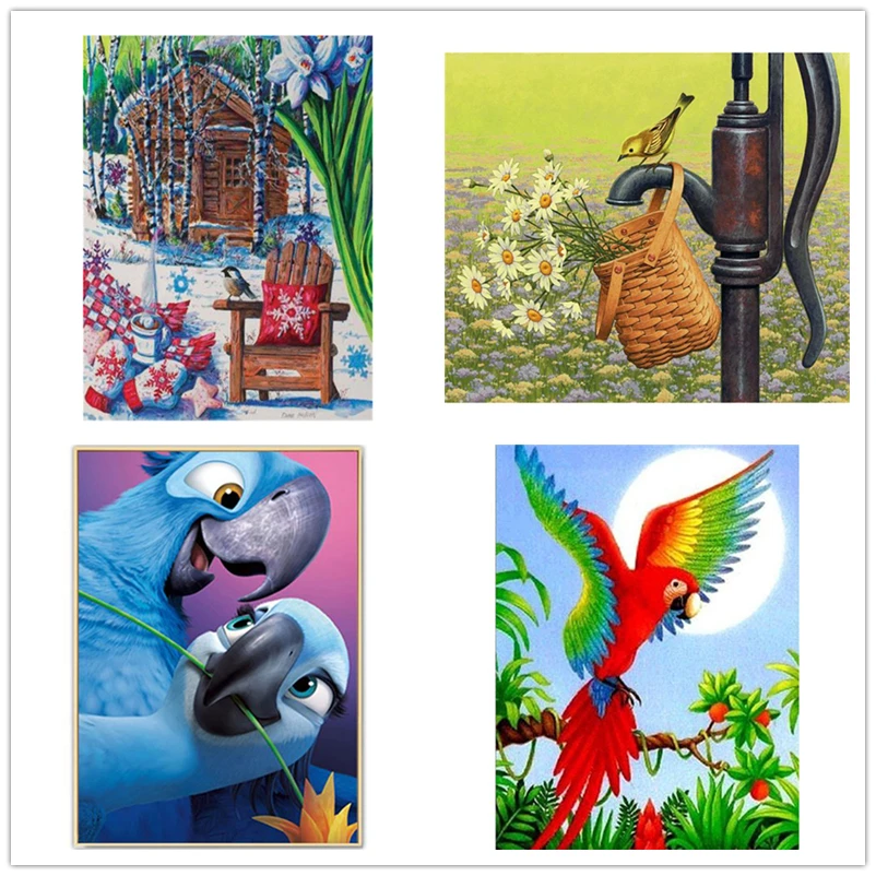 DIY 5D алмазная картина домик в снегу попугай алмазные вышитые птицы полный квадрат