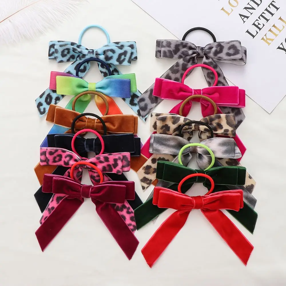 

Women Girls Ponytail Holder Leopard Headband Velvet Scrunchies Elastic Hair Bands Ribbon Bows Hair Rope