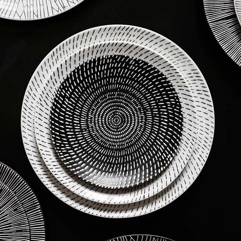 FANCITYJapanese тисненая черная белая тарелка большая круглая Фруктовая для салата