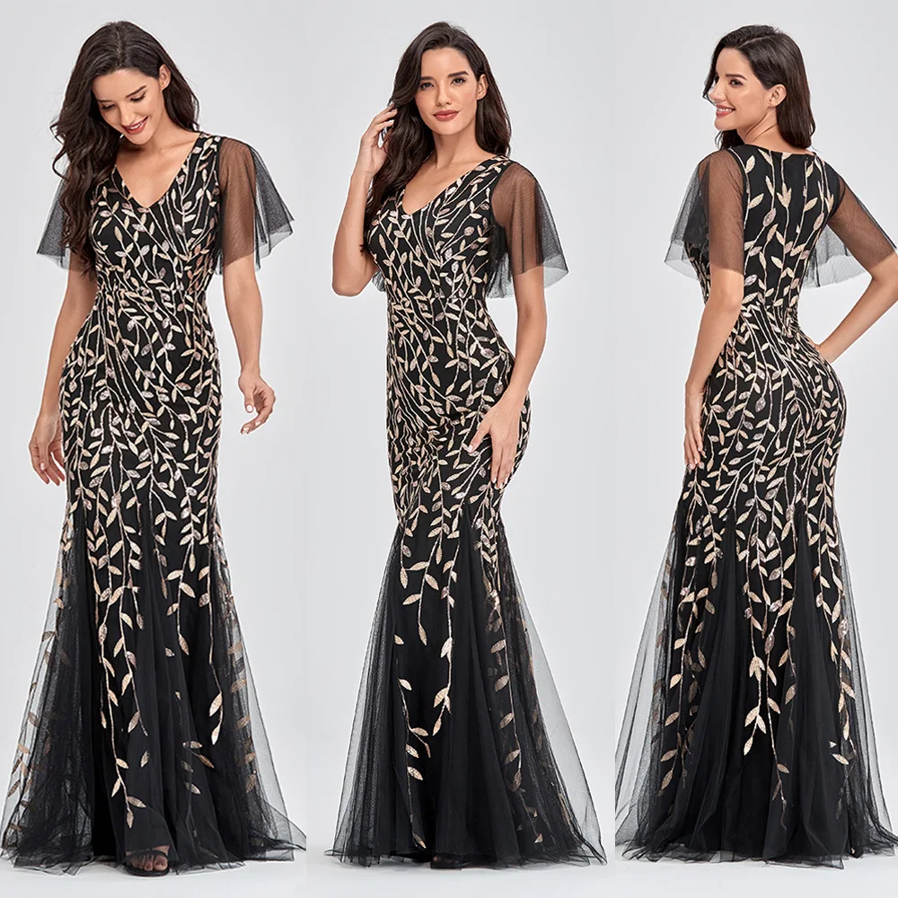 

Women's V-Neck Ruffles Sleeve Mermaid Evening Dress Modern Floral Print Slim Casual Night Dresses Valentine's Day Birthday Gowns
