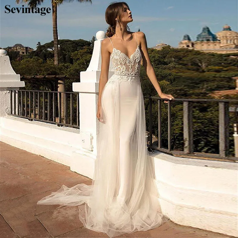 

Кружевное свадебное платье Sevintage в стиле бохо, платье с открытой спиной, с юбкой-годе, на тонких бретельках, из тюля, с бусинами, атласное, на заказ