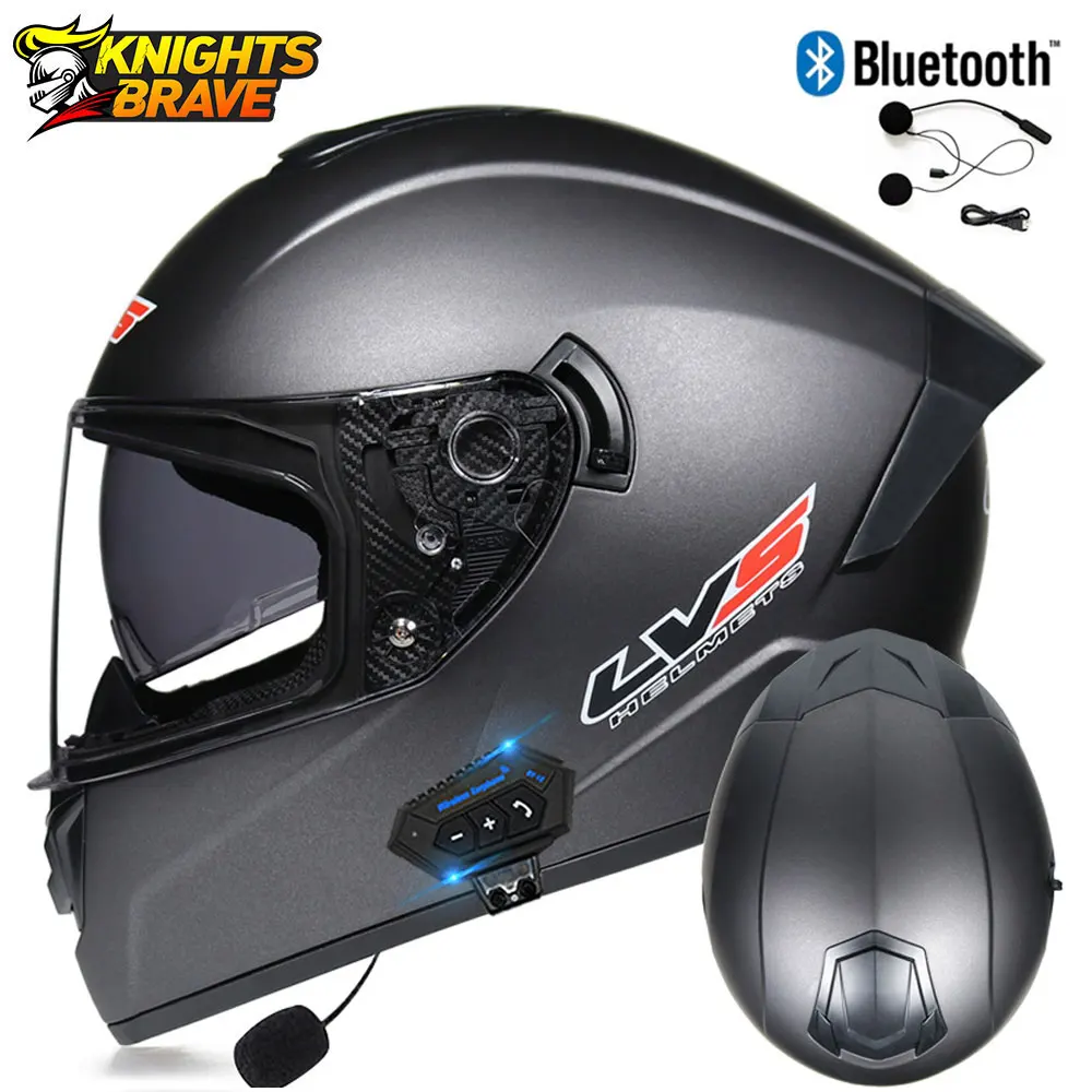 

LVS Motorcycle Bluetooth Helmet Dual Lens Motobiker Motocross Racing Helmet Full Face Casco Moto Men Capacete De Moto Black DOT
