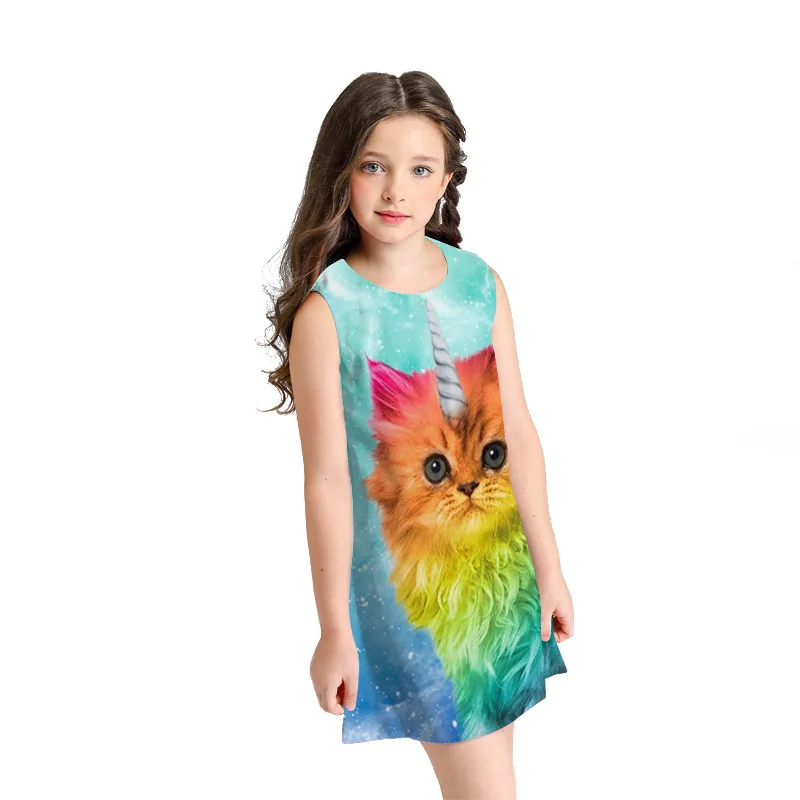 Летнее милое платье для девочек с принтом кошки повседневные Детские платья