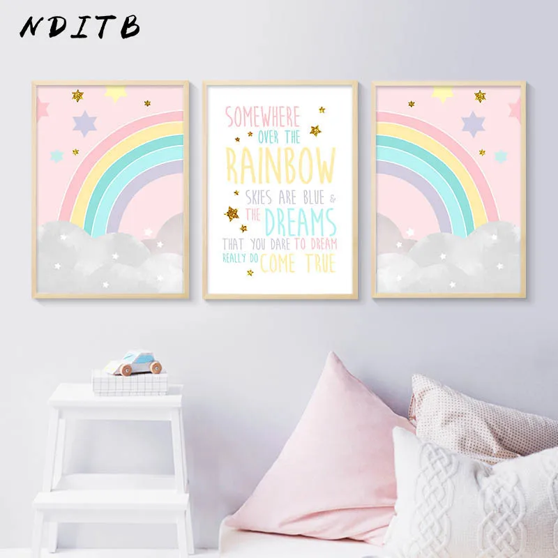 Мультяшный Радужный холст настенная печать картина в скандинавском стиле