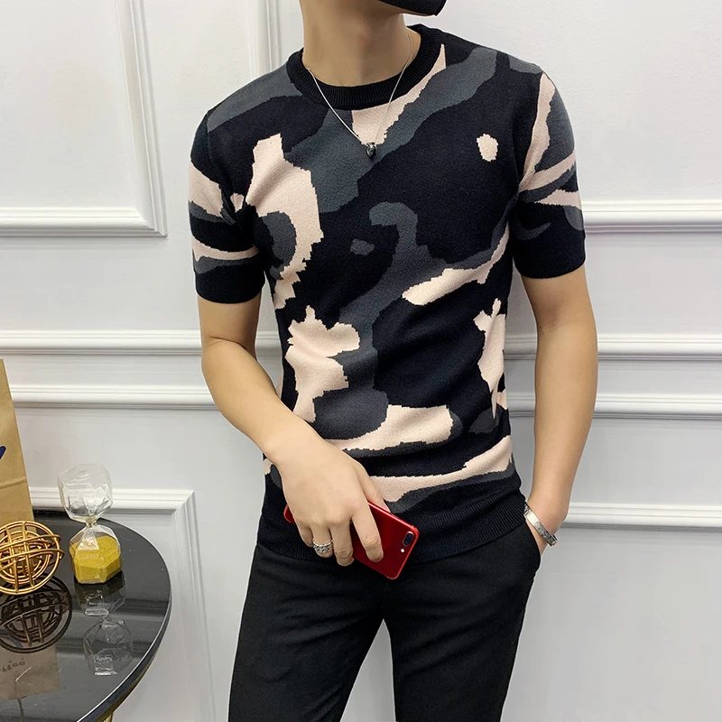 Осенняя вязаная футболка с коротким рукавом жаккардовым переплетением