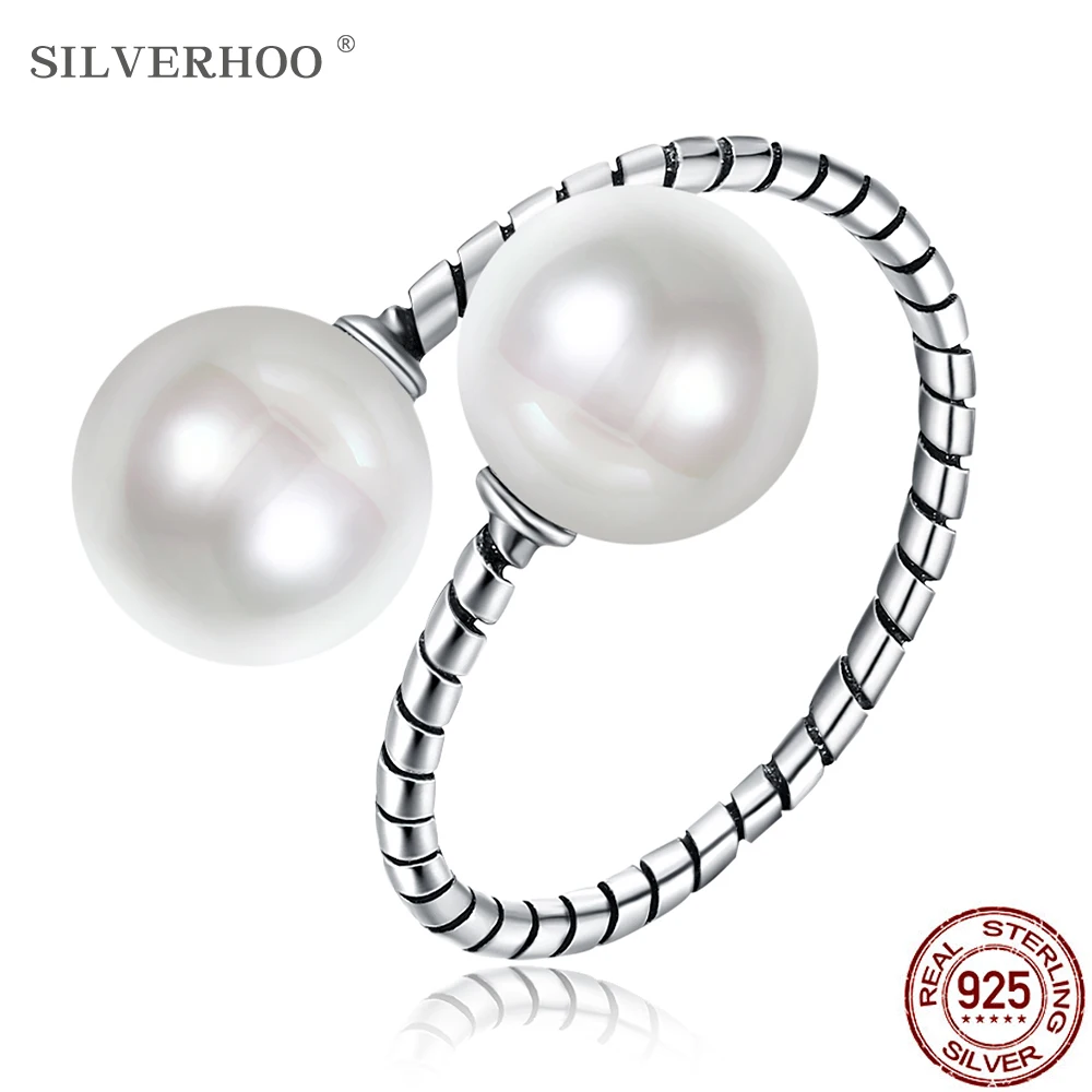

SILVERHOO 925 Sterling Silver Adjustable Imitation Pearls Women Ring Romantic Fashion Retro Design Engagement Gift for Friend