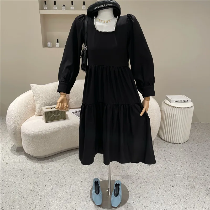 

Women's Spring Summer 2021 Niche Design Fashion Temperament Square Neck Pearl Long Sleeve A-line Versatile Mid Length Dress