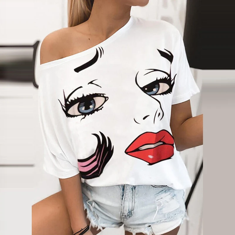 Женская футболка с круглым вырезом летняя принтом в виде губ сексуальная
