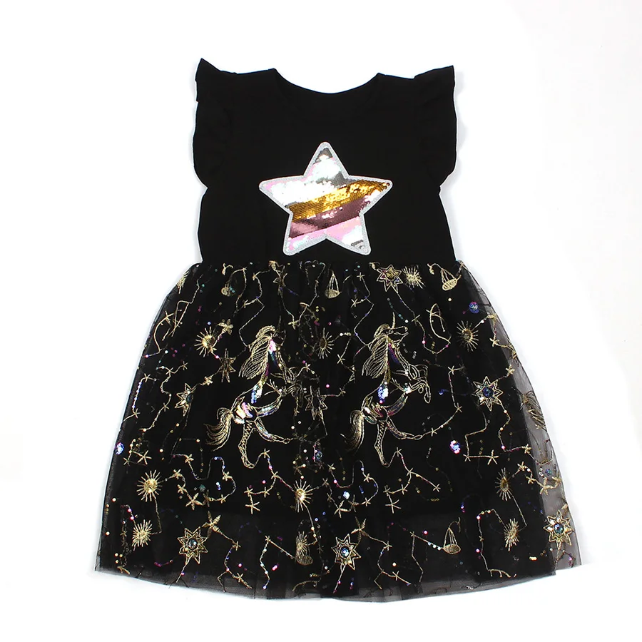 

Sequins Unicorn Toddler Dress Black Summer Dresses Fancy Kids Clothing Bling Star Girl Robe Flare Sleeve Princess Dress Vestidos