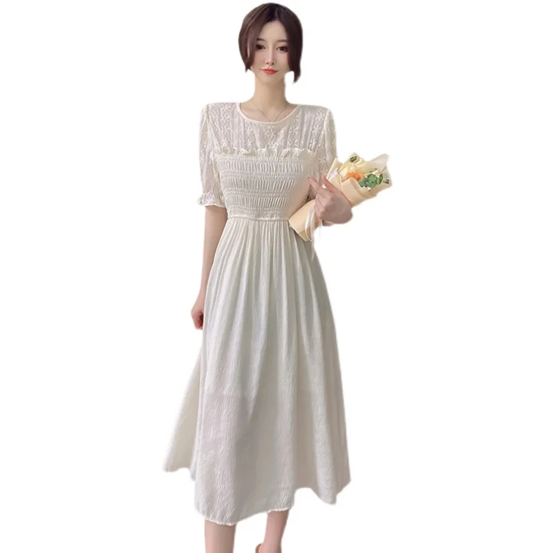 

COIGARSAM Elegant Women Puff Patchwork Chiffon O-Neck Dress Ladies Slim Party Streetwear Simple Vestidos