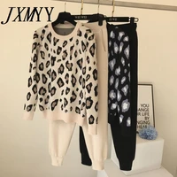 streetwear leopard printed knit two peice suit women long sleeve o neck sweater tops solid color harem pants casual tracksuit