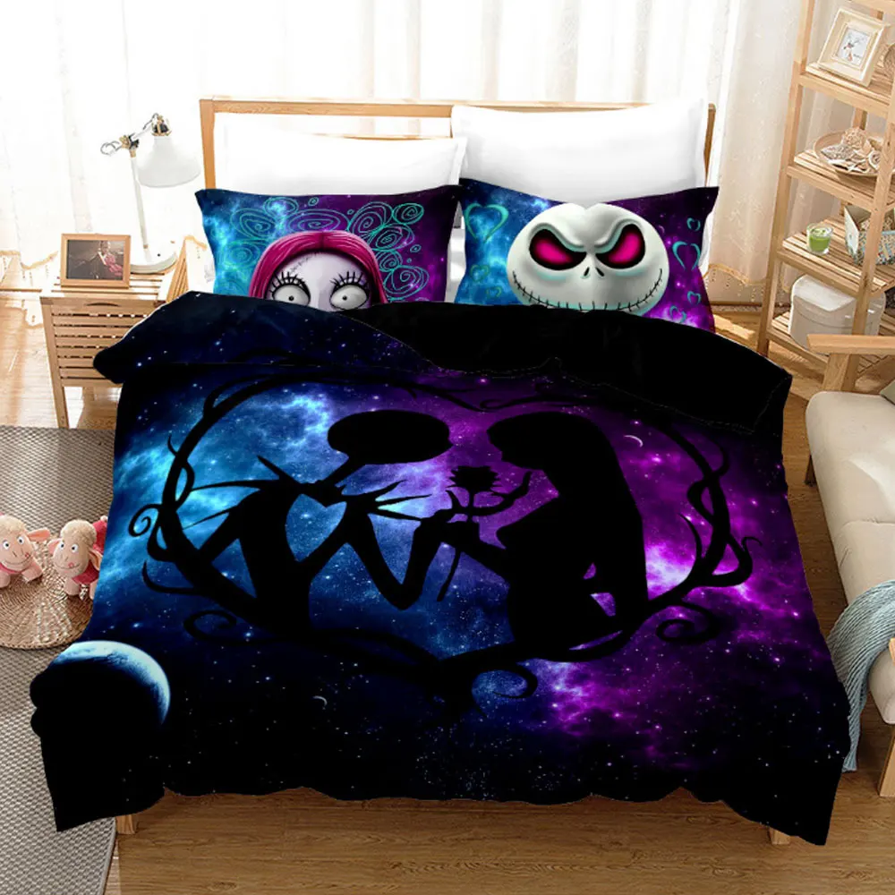 

3D Skull Nightmare Christmas Duvet Cover Sets,Jack and Sally Valentine's Day Rose Decor,100% Microfiber Galaxy Bedding Set 3pcs