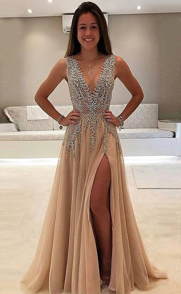 Бисерные Длинные Выпускные платья Роскошные Vestidos De Gala сексуальные с открытой спиной v-образным вырезом тюлевые вечерние строгие вечерние платья вечерние для женщин - Цвет: Champagne