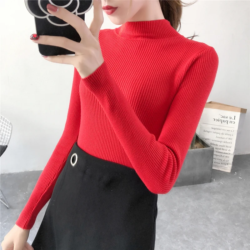 

Knitted Sweater 2020 New Half Turtleneck Women Sweater Slim Long Sleeve Basic Sweater Autumn Winter