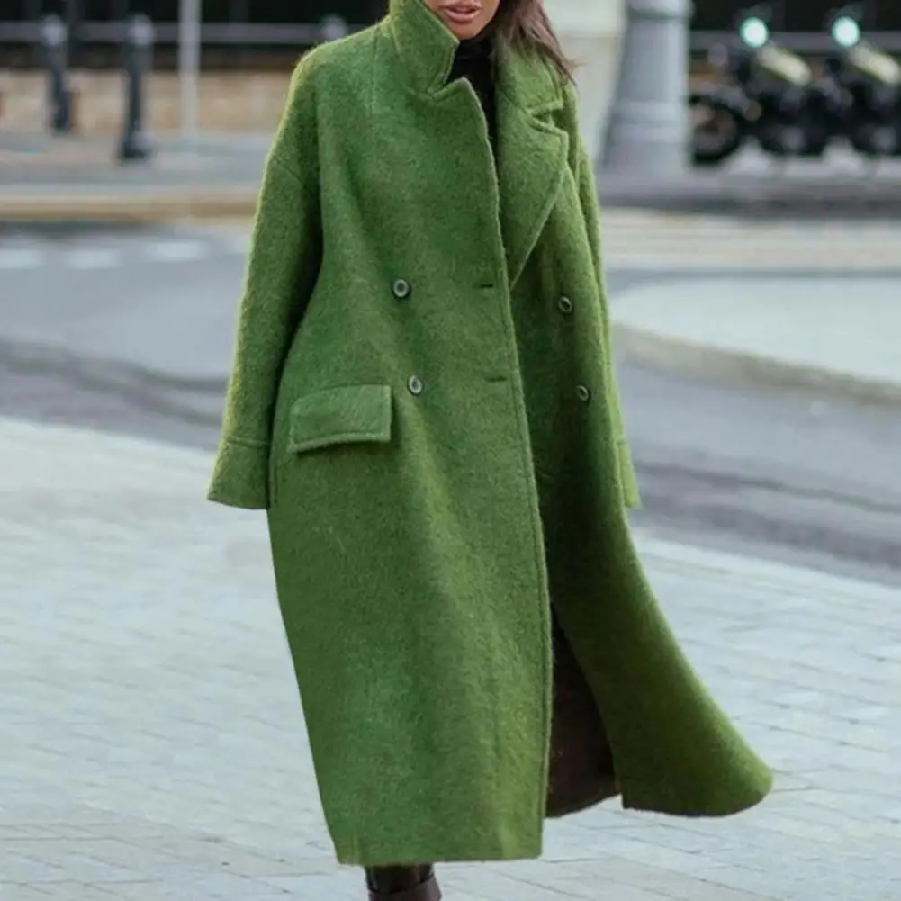 

Женское пальто с длинным рукавом, двубортное зимнее длинное теплое шерстяное пальто с отложным воротником и карманами, верхняя одежда, Женс...