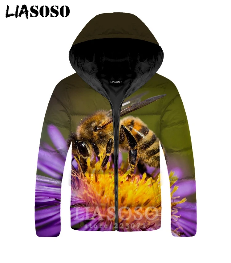 LIASOSO Bee Jackets Winter Men Women Flower 3D Print Animal Plus Velvet Thickening Zipper Warm Street Top Down Filled Coat A321 |