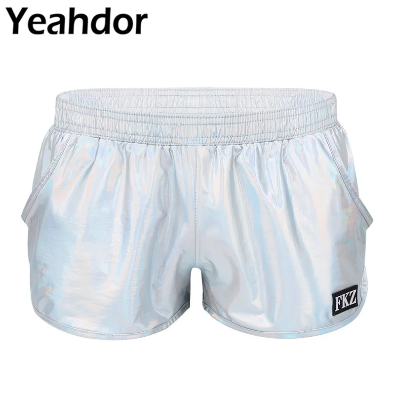 

Sexy Mens Shiny Metallic Shorts Homme Low Rise Elastic Waistban Boxer Shorts Stage Performance Party Clubwear Costume Trunks