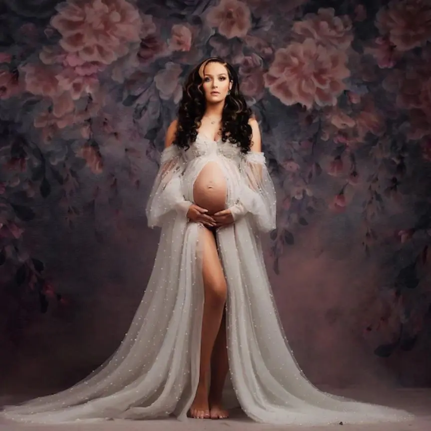 Жемчужные тюлевые платья для беременных с открытыми плечами ТРАПЕЦИЕВИДНОЕ