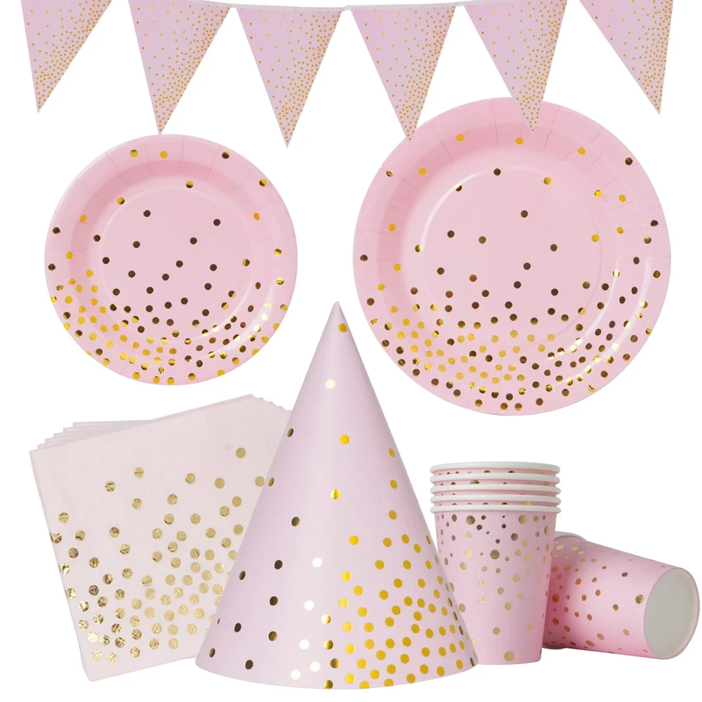 

Pink Bronzing Gold Dot Birthday Party Decoration Baby shower Set Wedding Party Cup Plate Disposable Tableware Supplies Set