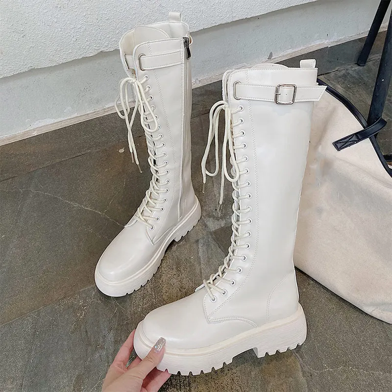 

Women Mid Calf Boots Ladies PU Leather Shoes Female Non Slip Autumn Fashion Thick Bottom Motorcycle Long Boots New Woman Lace Up