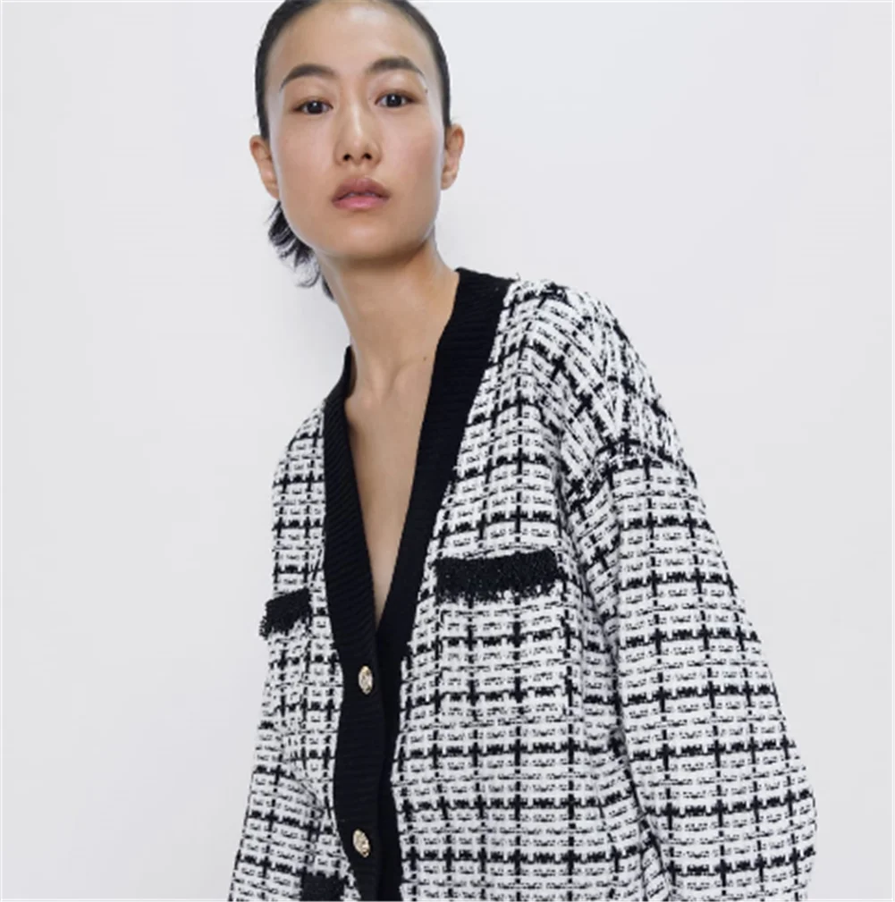 2019 ZA женский вязанный модный новый осенний зимний саржевый Свободный кардиган